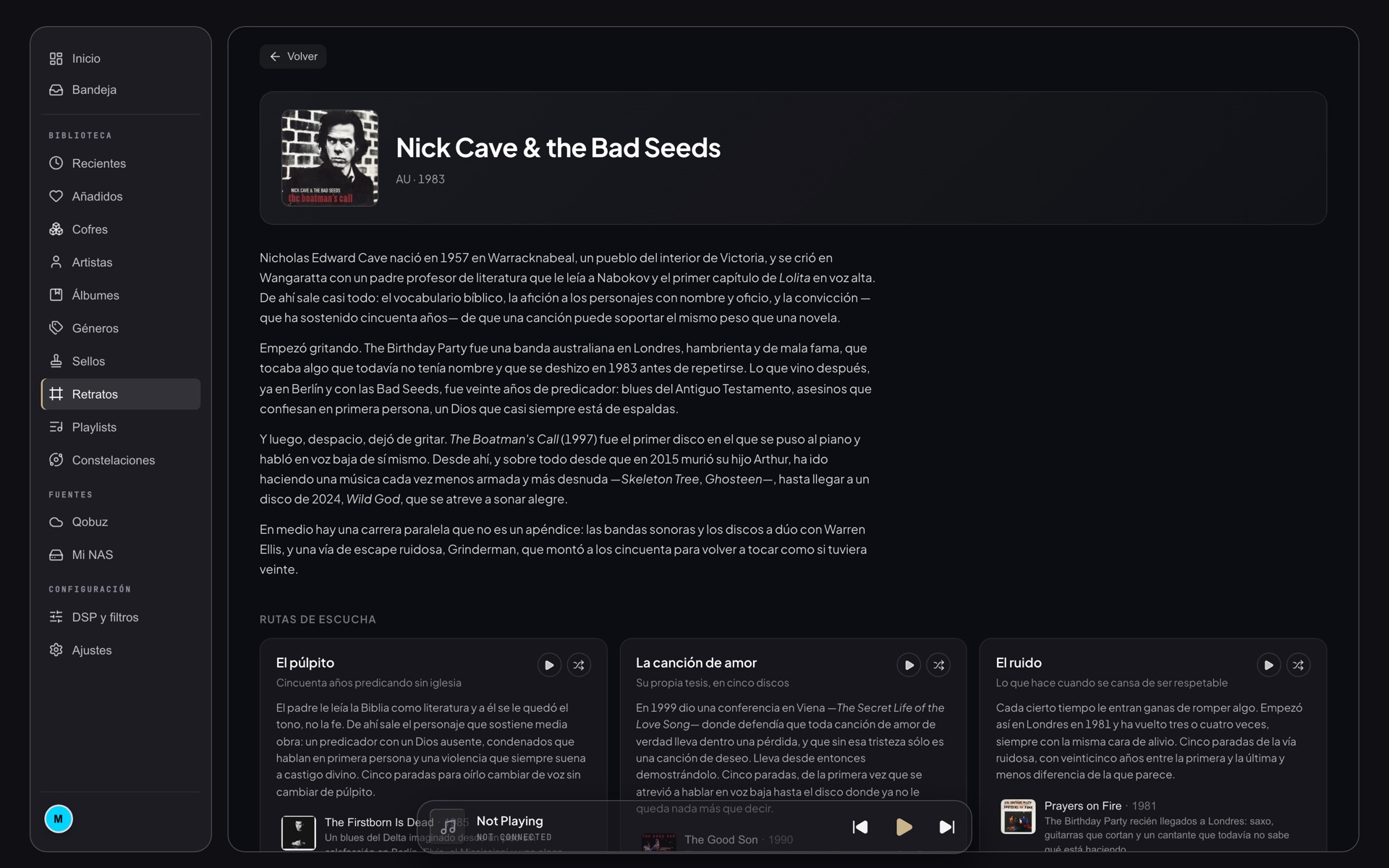 El retrato de Nick Cave & the Bad Seeds: biografía escrita en casa y tres rutas de escucha — «El púlpito», «La canción de amor» y «El ruido» — cada una con su premisa.